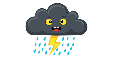 Obraz premium Cute cartoon thunderstorm cloud with lightning and raindrops
