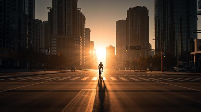 A lone cyclist rides down the center of an empty city boulevard at sunrise, buildings casting long shadows, street glowing in soft golden light,