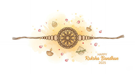 Colorful Raksha Bandhan poster with culturally significant elements and an elegant Rakhi composition