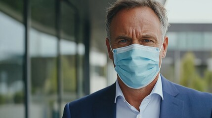 Middle-aged man wearing a face mask,  serious expression,  business attire, urban setting