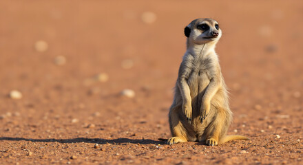 Meerkat standing upright on sandy ground in alert position with orange desert background. Wildlife animal in natural habitat. Content for nature documentaries and conservation campaigns