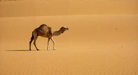 Camel walking across golden sand dunes in desert landscape with warm sunlight. Desert animal in arid environment. Content for travel campaigns and nature documentaries