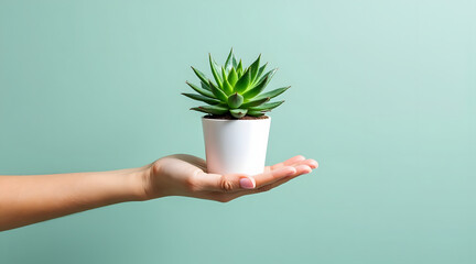 Succulent plant in white pot held by hand with green background, symbolizing growth and care in minimalist style