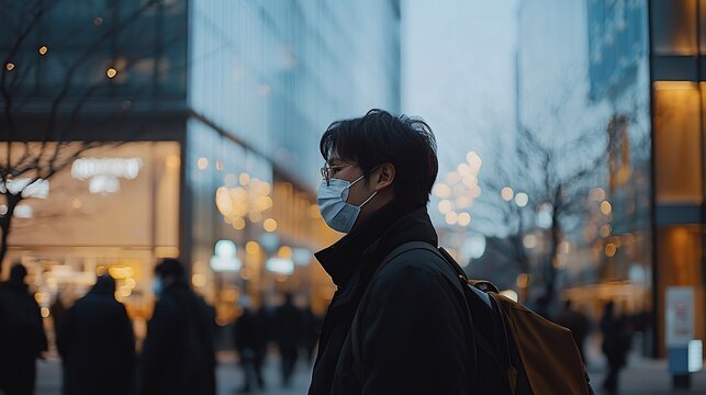 Person wearing a mask in a city street at twilight