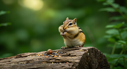 Chipmunk sitting on wooden log with acorns and nuts scattered around. Cute forest rodent gathering food for winter storage and wildlife nature documentation