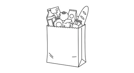 Grocery bag with variety of food items in linear style