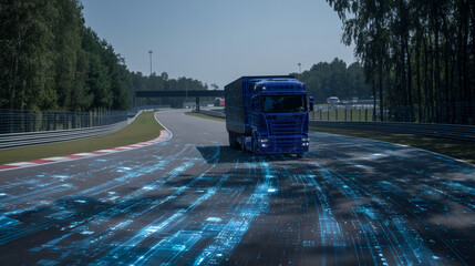 A blue and white truck making a sharp turn on a test track, on a sunny day, blue sky, with blue digital and technological wave effects around the truck surrounding it, showing all its efficiency