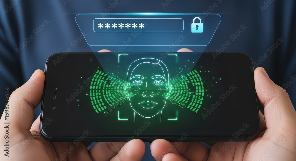 Aufkleber hand holding phone with face scan and password security interface