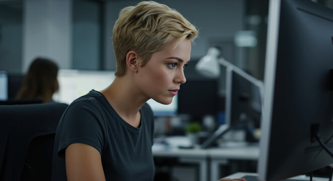 Young woman with short blonde hair concentrating at computer screen in modern office environment. Focus and productivity concept. Business workplace and technology use