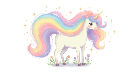 Fototapeta premium Enchanting rainbow unicorn with sparkling stars and floral accents