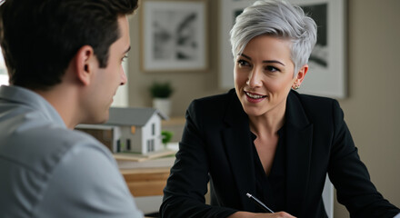 Woman with short silver hair in black blazer discussing with man in office setting. Professional consultation and business meeting. Corporate communication services