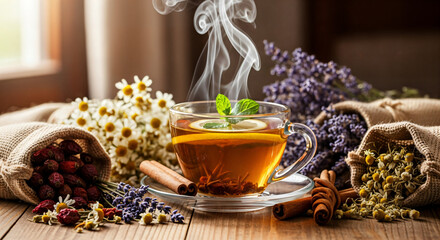 Herbal Tea with Herbs and Flowers, Warm Beverages and Relaxation Concept