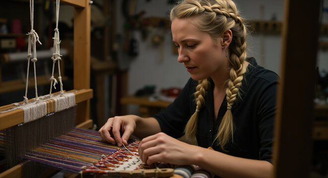 Woman with blonde braided hair weaving colorful threads on traditional loom in craft workshop. Handmade textile art for creative hobby classes and artisan skills - Powered by Adobe