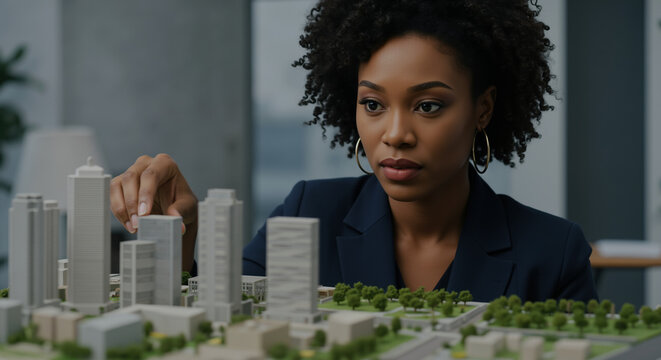 African American woman in navy blazer positioning white building model on architectural scale model. Urban planning and real estate development for construction projects - Powered by Adobe