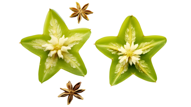 Star Fruit's Celestial Slice: Two star-shaped slices of fresh star fruit, their green skin and delicate inner texture. floating with star anise