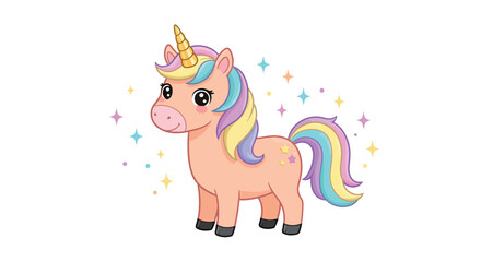 Colorful cartoon unicorn with sparkling stars and rainbow mane