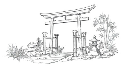 Japanese garden entrance with torii gate and bamboo line art