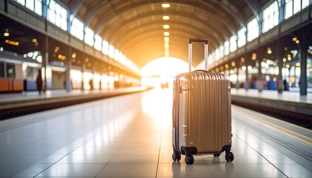 Luggage at train station, sunlight