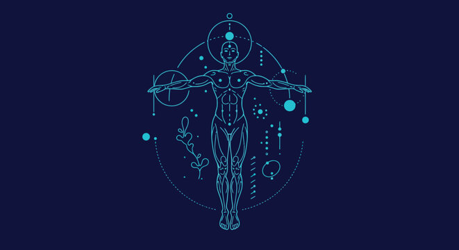 Futuristic line art of human anatomy with mystical symbols on dark background