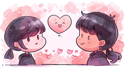 Cute cartoon illustration of two characters sharing a moment with hearts and a smiling face