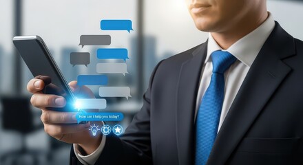 Business Man Using Smart Phone with Blue Speech Bubbles in Modern Office