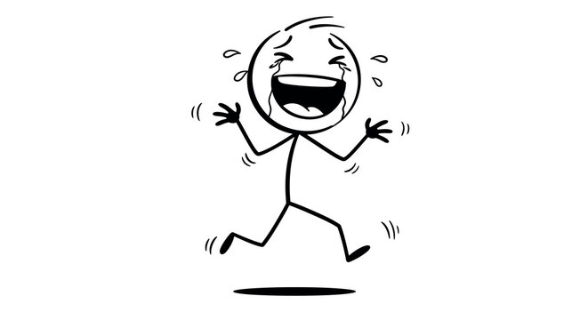 Stick figure in joyful laughter with tears and exaggerated expressions