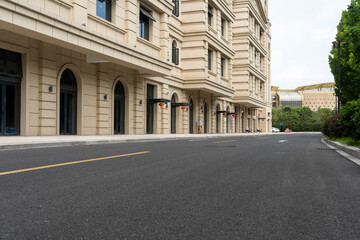 empty road with traditional buildings