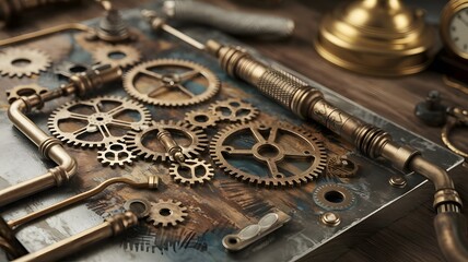 Steampunk machinery components arranged on a wooden surface showcasing intricate gears and pipes