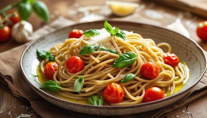 Beautifully presented spaghetti dish topped with parmesan cheese, fresh basil and cherry tomatoes in a garlic olive oil sauce. The warm tones give it a homemade Italian feel.