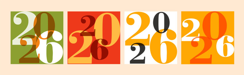 Set of 2026 Happy New Year logo text design. 2026 number design template. Collection of 2026 Happy New Year card, cover, poster. Vector illustration with labels isolated on colorful background.
