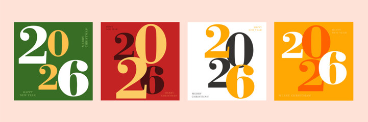 Set of 2026 Happy New Year logo text design. 2026 number design template. Collection of 2026 Happy New Year card, cover, poster. Vector illustration with labels isolated on colorful background.