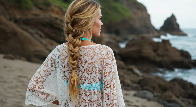 Blonde woman with long braid in white lace cover-up and turquoise bikini on rocky beach. Elegant coastal beauty and vacation lifestyle