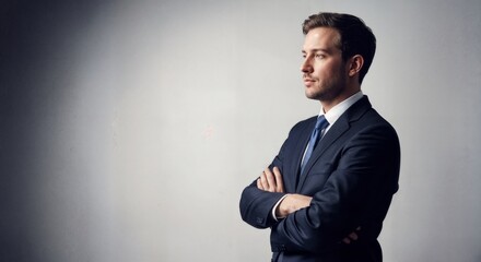 Businessman Thinking Against Light Grey Wall with black suit