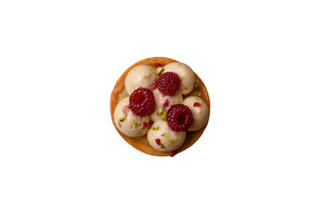 Sweet cake or tart round with cream and raspberries. Raspberry sweet tart