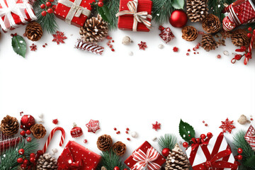 Festive christmas border with gifts, pine cones, holly, ribbons, candy canes, and ornaments