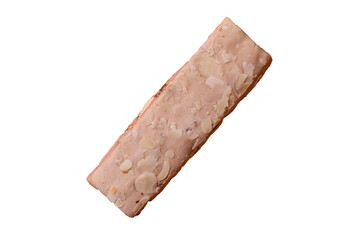 Nougat or white caramel with hazelnuts and pistachios and citrus pieces. White nougat with nuts