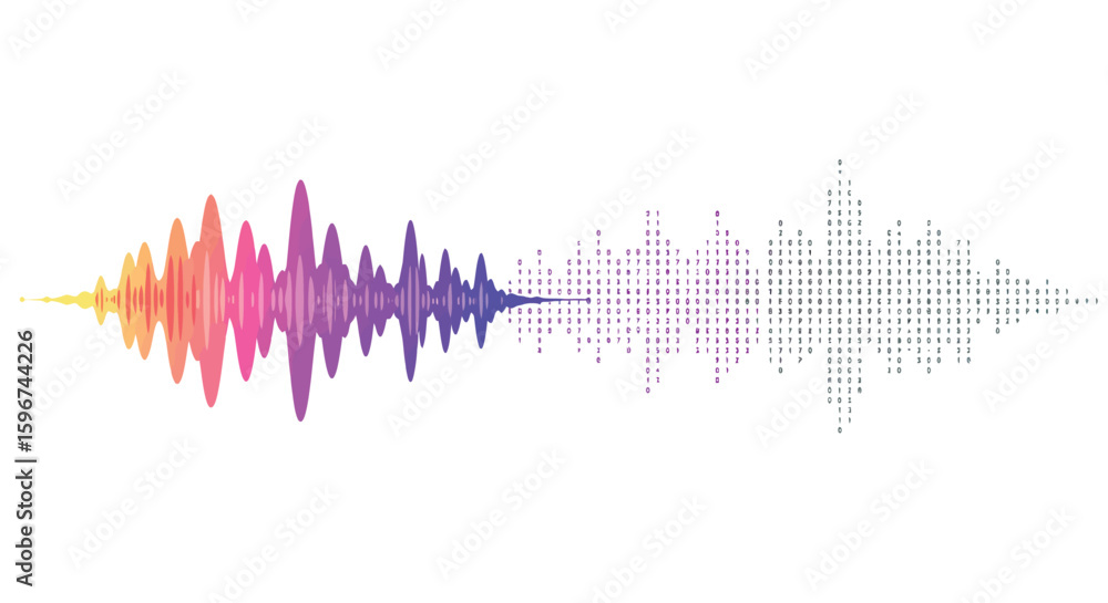 Poster colorful gradient sound waves with pixel dots in dynamic linear design