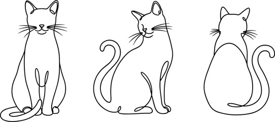 Cad drawing flat vector illustration of three cat silhouettes sitting in different poses, minimalist line style, black and white design © Creative Minds