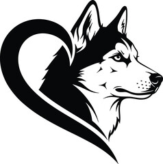 Cad drawing flat vector illustration of husky dog head silhouette within heart shape, minimal black and white pet design concept