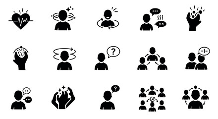 Collection of black silhouette icons representing human emotions and social interactions