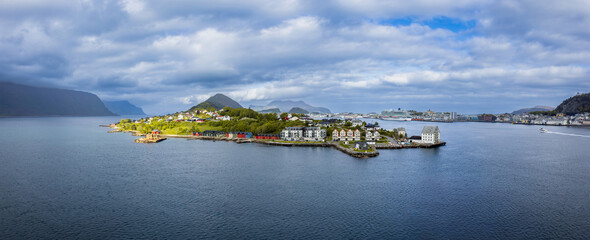 Alesund, port town in Norway famous for Art Nouveau architecture, fjords and scenic landscapes.