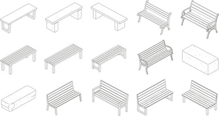 Isometric bench illustration set for park outdoor furniture design element