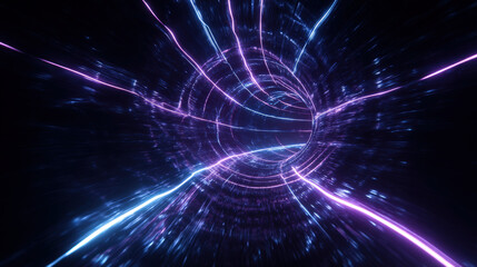 Fototapeta premium Futuristic neon energy tunnel with glowing purple and blue lights in dark space
