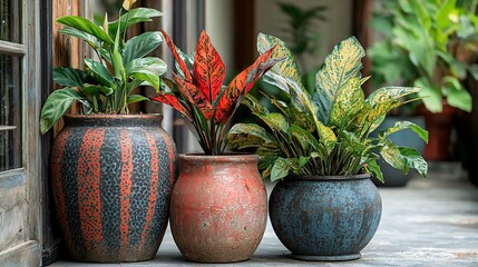 Three potted plants in decorative, rustic planters.  Variety of vibrant foliage, including red, orange, yellow, and green.  Outdoor patio setting with wooden accents