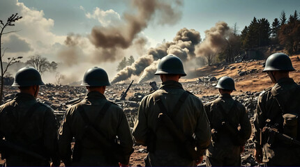 Armed Soldiers in Battlefield Amid Explosions and Thick Smoke