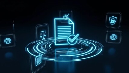 Digital icons representing compliance, regulation, and data protection are displayed on a futuristic interface - Powered by Adobe