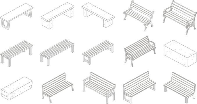 Isometric bench illustration set for park outdoor furniture design element