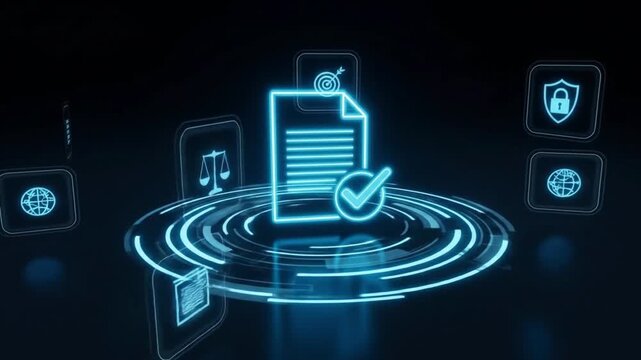 Digital icons representing compliance, regulation, and data protection are displayed on a futuristic interface