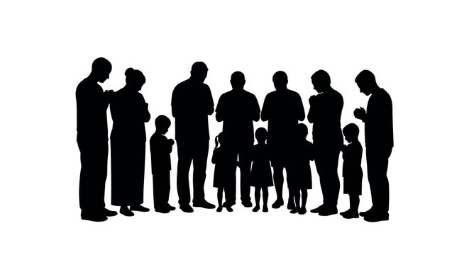 Silhouette of diverse family generations praying together in unity