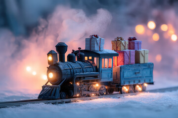 Glowing toy christmas train with steam and gifts in snowy fantasy-inspired winter night